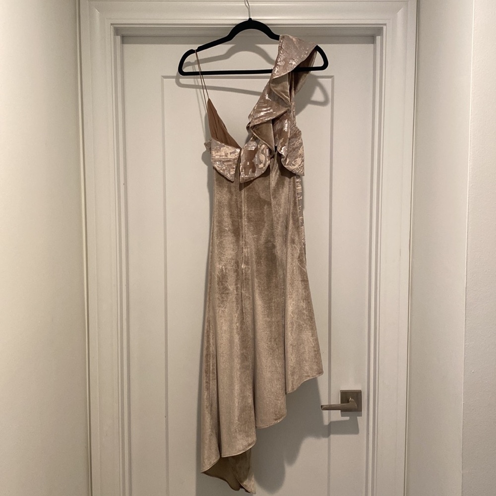 Self-Portrait Gold Velvet Devore Asymmetrical Wrap Dress - Size 4 - Picture 8 of 9